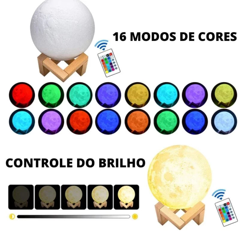 Luminária Lua Cheia 3D – Abajur Decorativo USB 16 Cores Com Touch E Controle Remoto