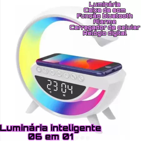 Abajur Luminária Multifuncional com Carregador Sem Fio, Relógio despertador  e Bluetooh com alto-falantes