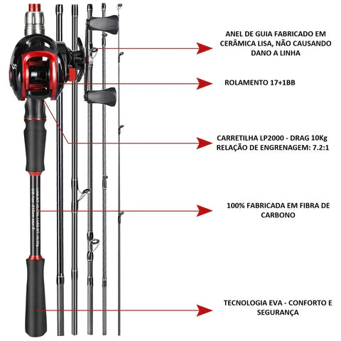 Kit Vara Fibra de Carbono e Carretilha 19 Rolamentos + Linha de Brinde