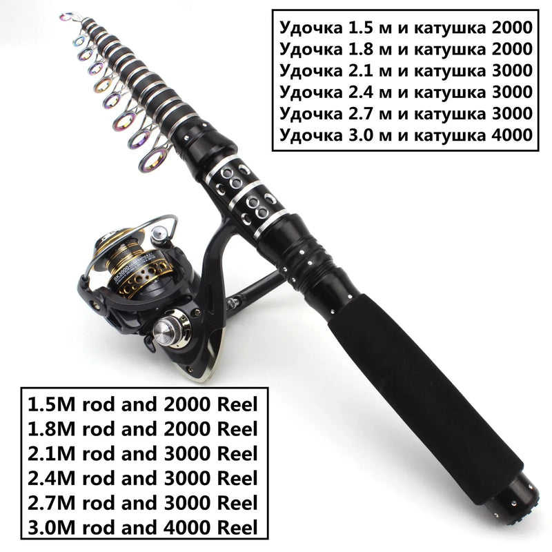 Vara de Pesca Telescopia em Fibra de Carbono com Molinete Drag 10kg